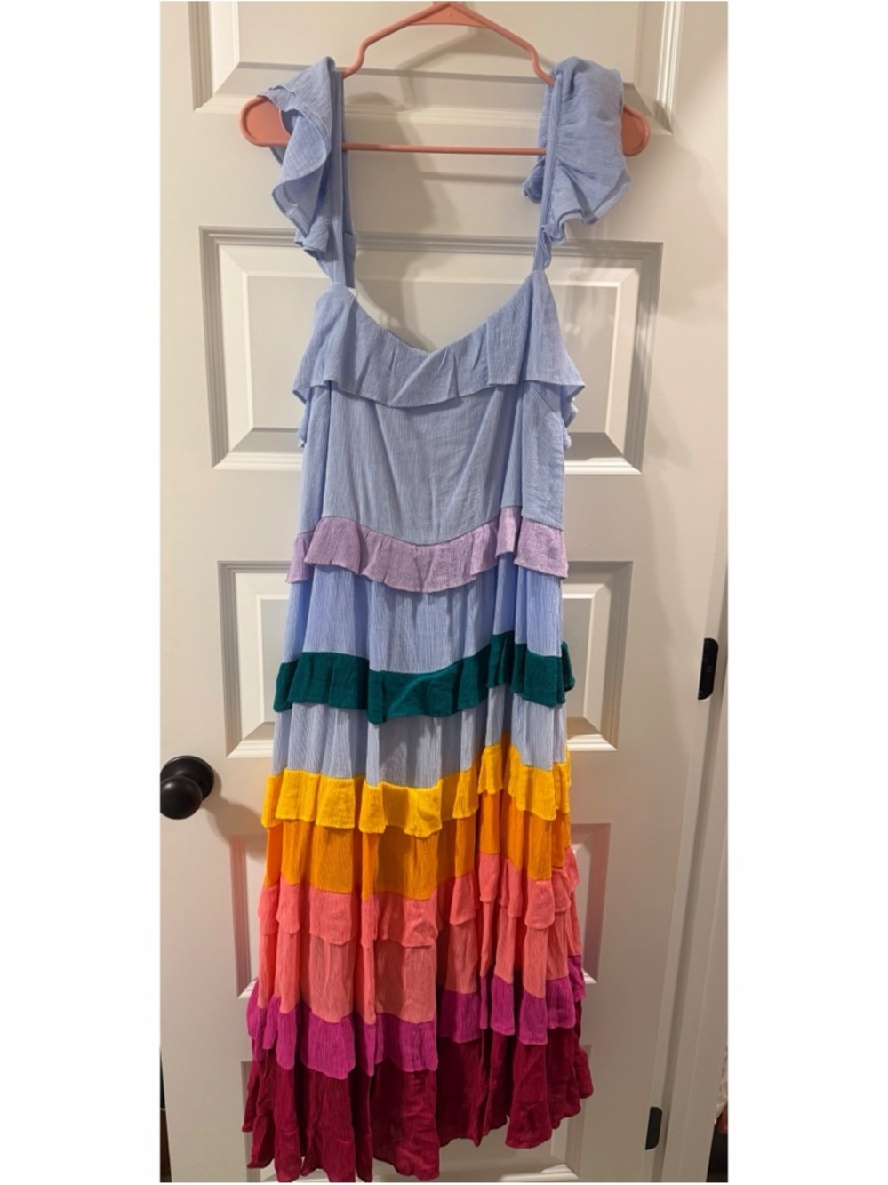 crown & ivy Light Blue Maxi Dress with Rainbow Ruffle Tiers